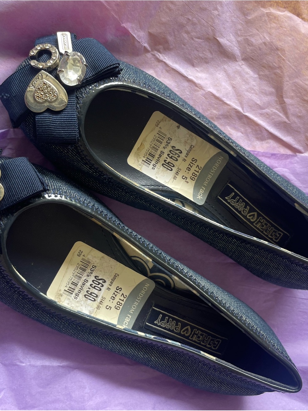 Coach Black Bow Flats with Heart & Crystal Charms